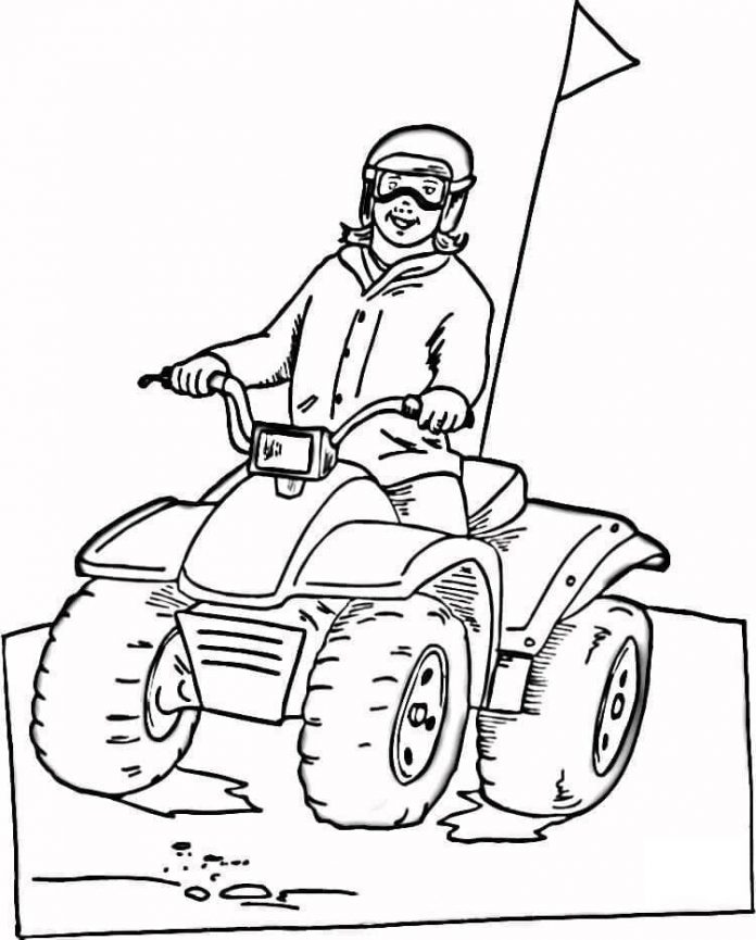 Coloring book of a guy on a quad bike with a bow