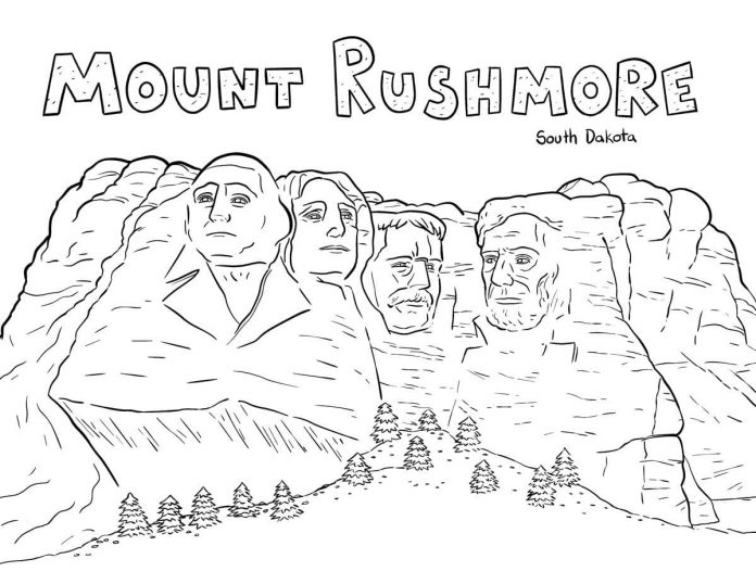 Foglio da colorare del Monte Rushmore con le teste