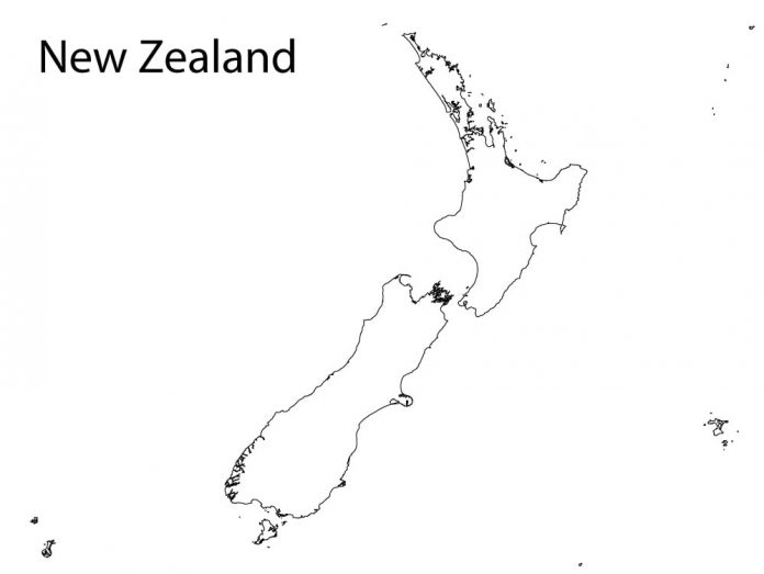 hoja para colorear fronteras de Nueva Zelanda - mapa del país para imprimir