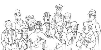 A coloring page of a group of characters from the cartoon The Adventures of Tintin
