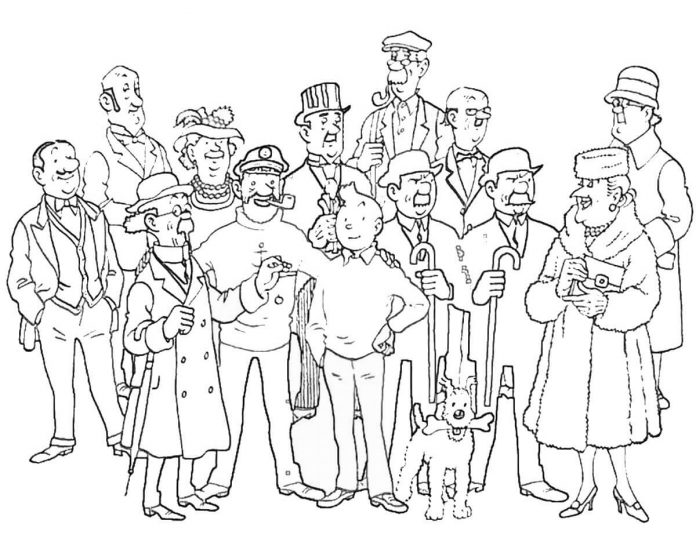 Színezőkönyv a Tintin kalandjai című mese szereplőinek egy csoportjáról.