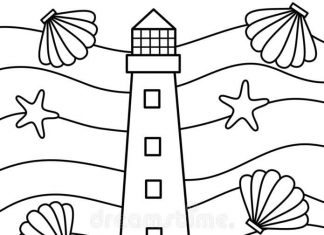 Coloring book of stars and shells around a lighthouse