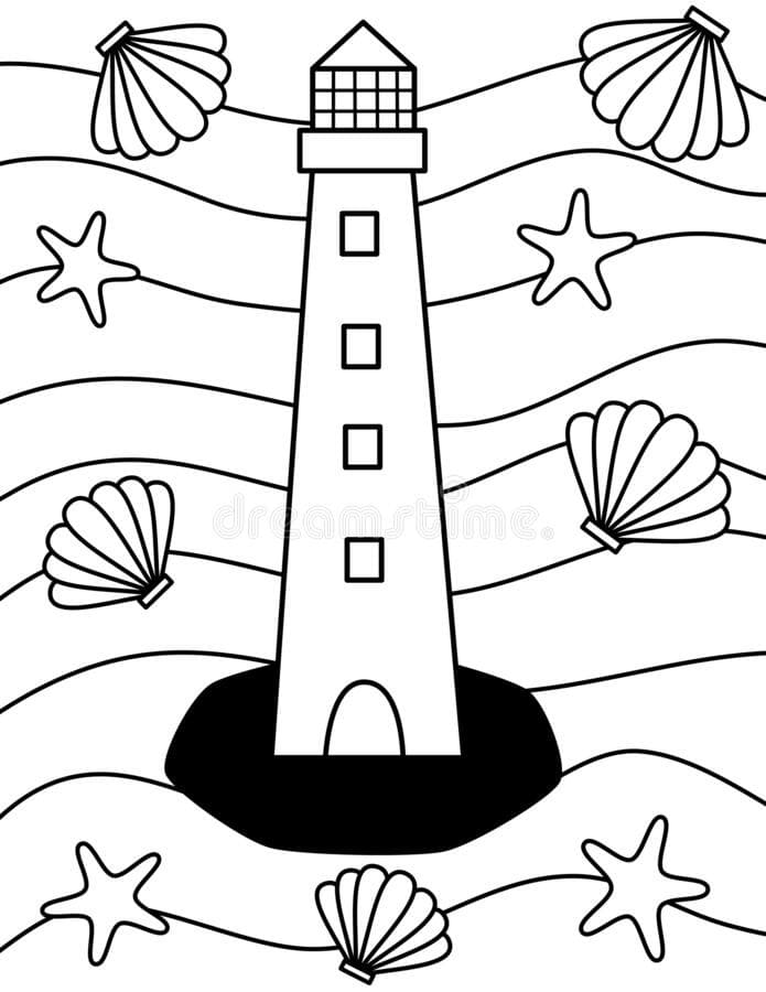 灯台の周りの星と貝殻のカラーシート