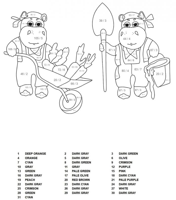 Coloring page of hippos working in the garden