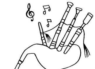 Färgbok för barn om musikinstrumentet säckpipa som kan skrivas ut