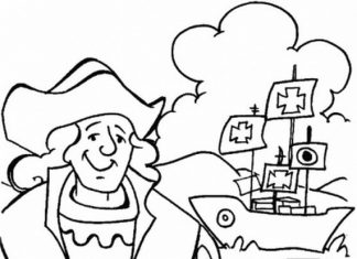 Coloring sheet of a captain with a ship at sea