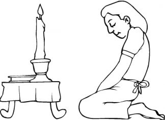 malebog knælende figur foran stearinlys