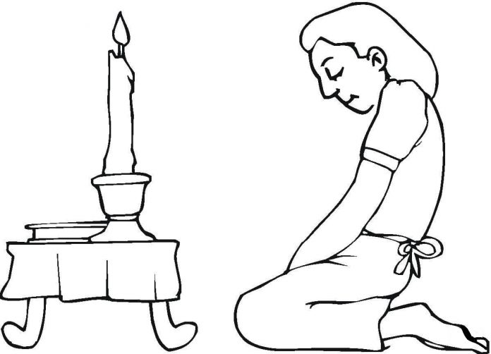 malebog knælende figur foran stearinlys