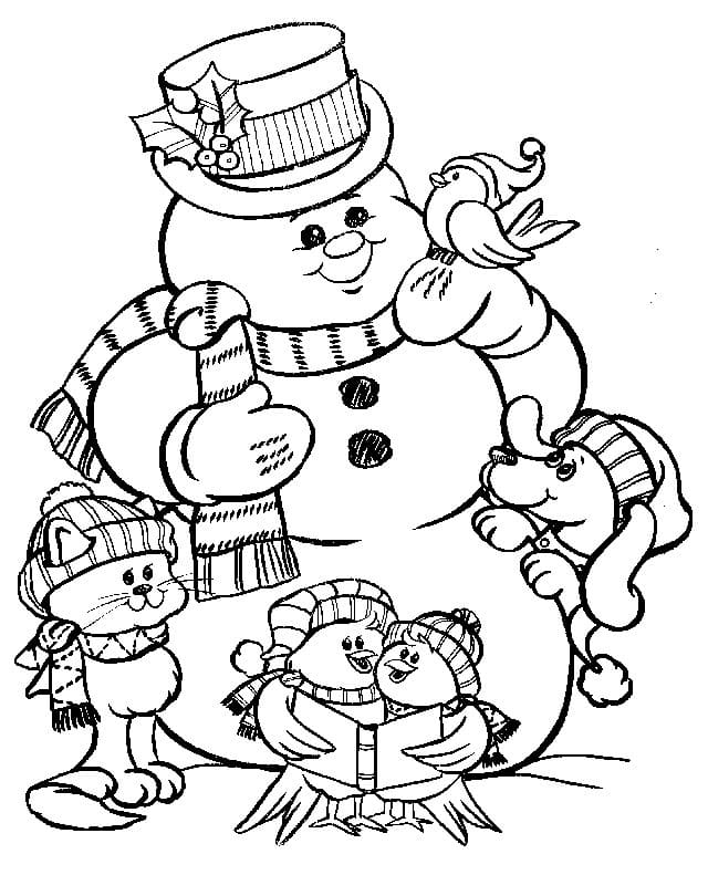 Coloring book snowman with friends