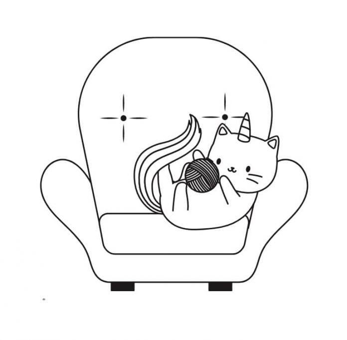 Libro da colorare Gatto unicorno che gioca con un gomitolo di lana