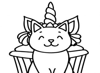 Livre de coloriage imprimable sur le chat licorne devant des cupcakes