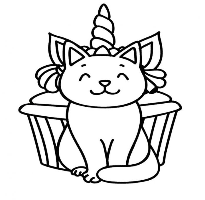 Farvelægningsbog til en enhjørning kat foran cupcakes, som kan printes