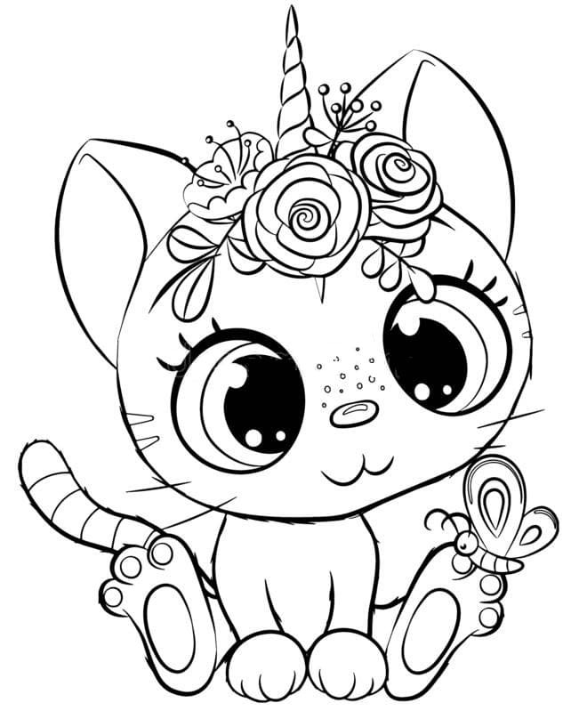 Livre de coloriage à imprimer pour les filles : chat licorne avec de grands yeux