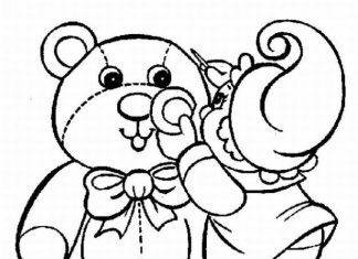 livre de coloriage d'un nain cousant une oreille à un ours en peluche