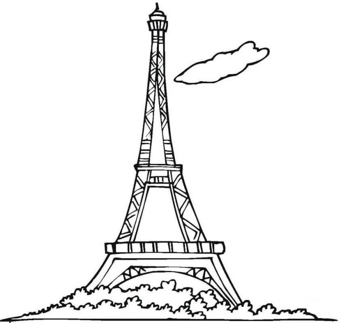 Druckfähiges Malbuch mit Büschen unter dem Eiffelturm
