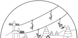 Feuille de coloriage boule de neige avec piste de ski