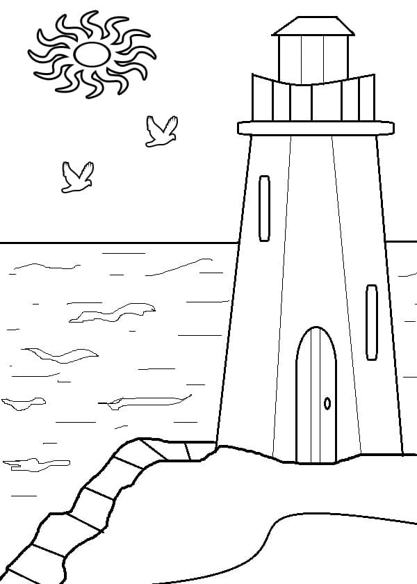 coloring page lighthouse over water
