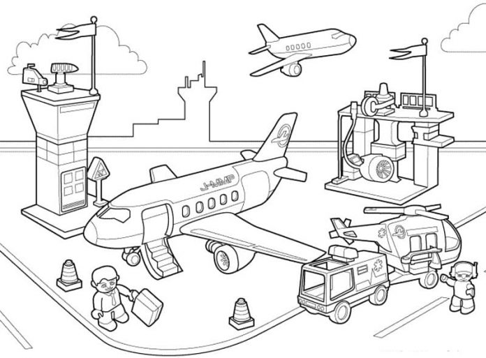 página colorida aeroporto em lego duplo