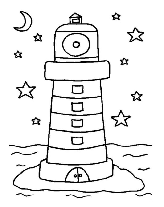 Coloring page picturesque sky over water and lighthouse in the background