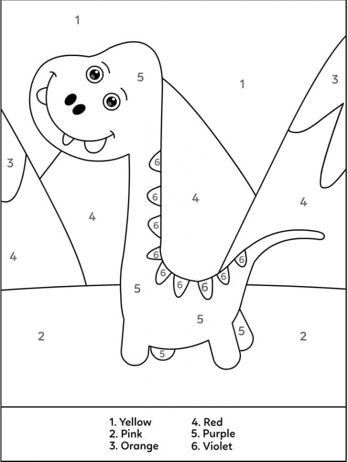 libro para colorear "pintar por números" pequeño dinosaurio sonriente