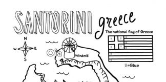 coloring book map of the Greek island of Santorini