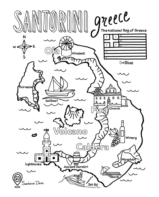 Ausmalkarte der griechischen Insel Santorin
