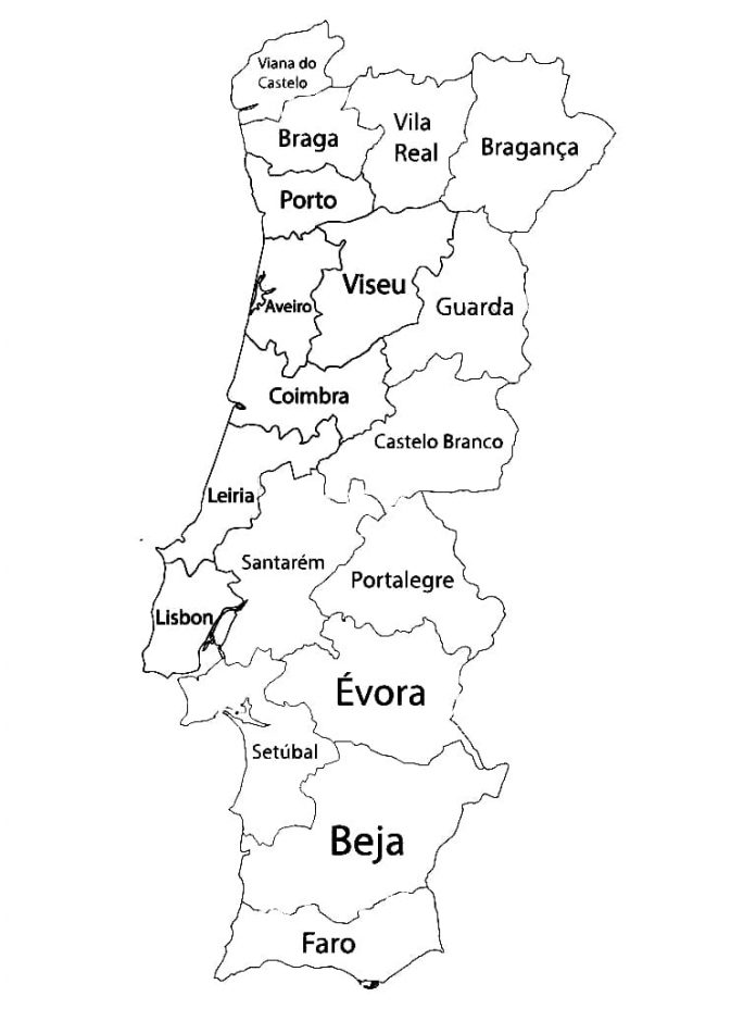 kort over Portugal til farvelægning til udskrivning