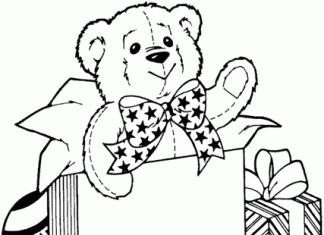 feuille à colorier d'un ours en peluche comme cadeau de Noël