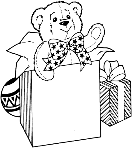 hoja para colorear de un oso de peluche como regalo de Navidad