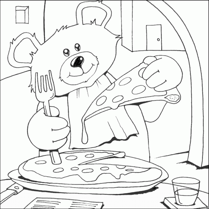 Druckfähiges Malbuch eines Teddybären mit Blick auf eine leckere Pizza