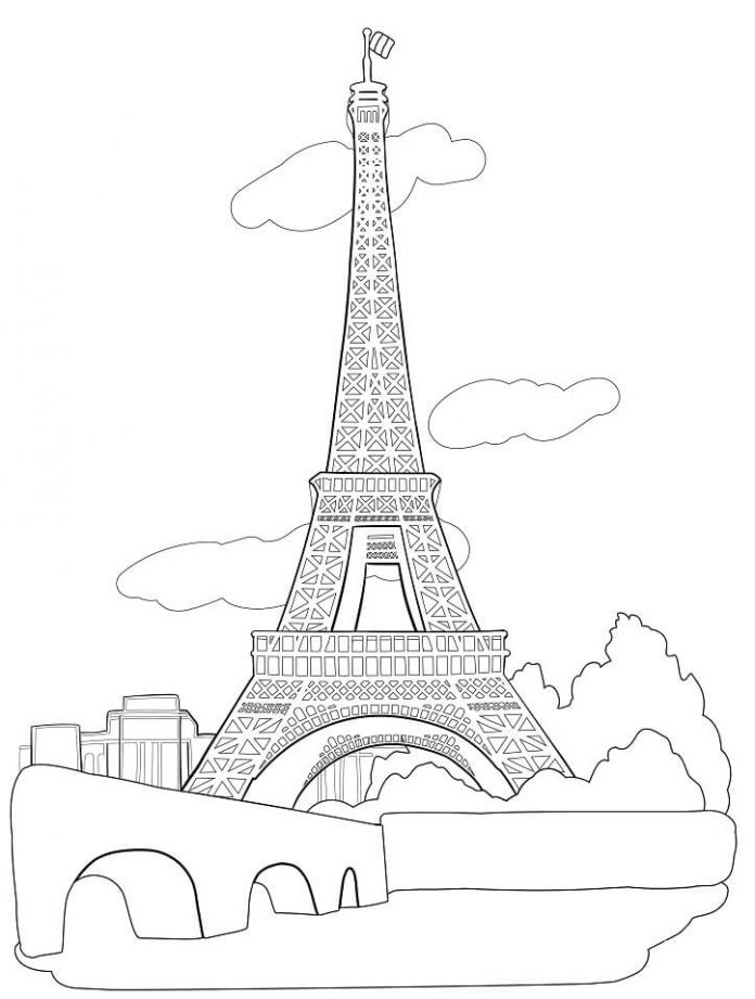 Printable coloring sheet of the bridge in front of the Eiffel Tower