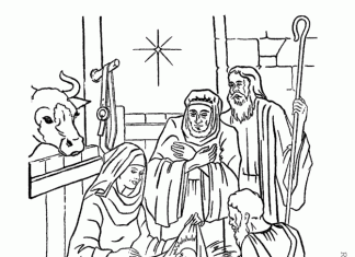 coloring page of the birth of the Lord Jesus in a nativity scene