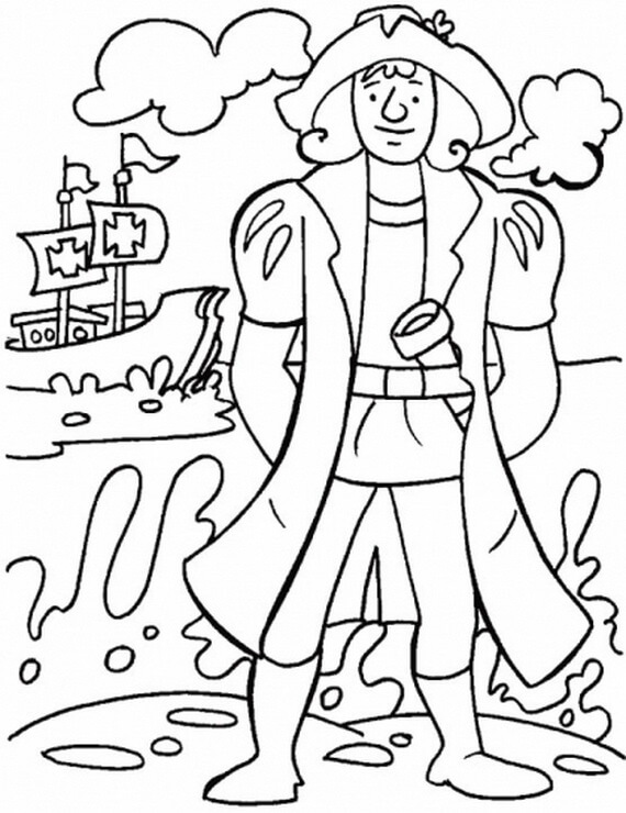 Coloring book navigator in front of the ship Christopher Columbus