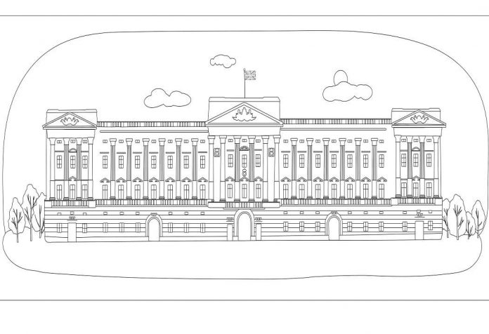 Nyomtatható színezőkönyv a londoni Buckingham-palotáról