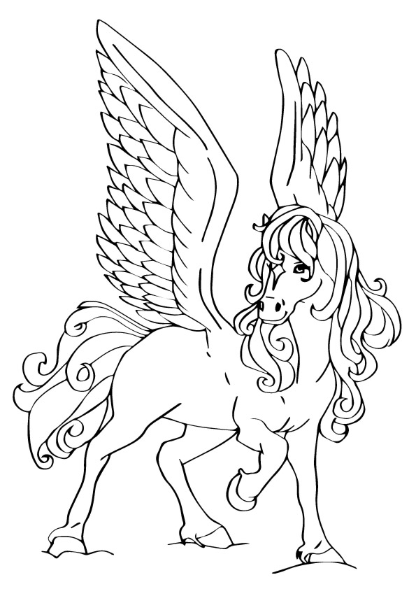 Teckningsbok med Pegasus med utbredda vingar för flickor som kan skrivas ut