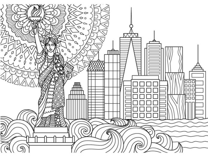 Coloring book beautiful city with statue