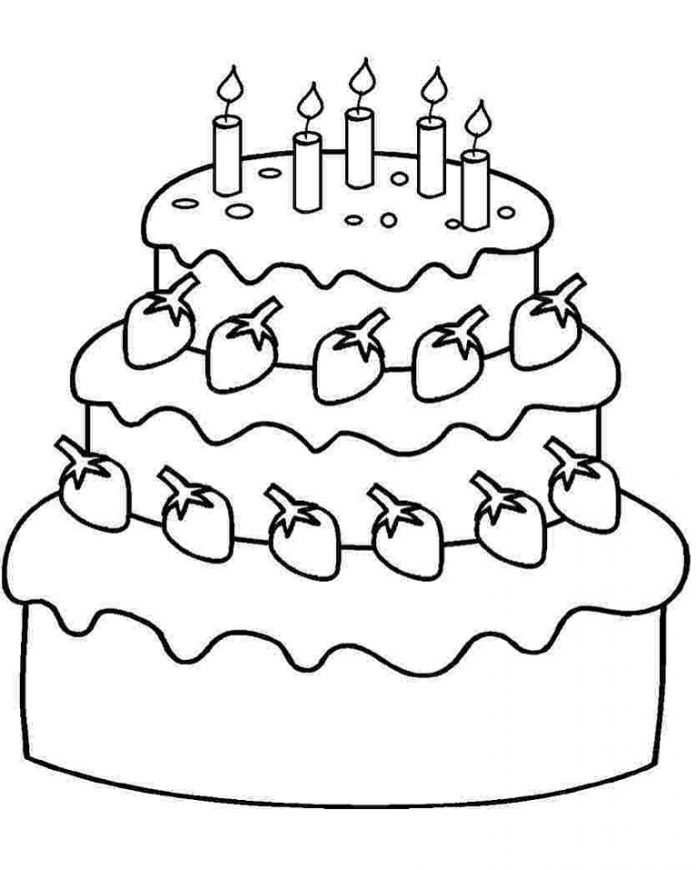 Lámina imprimible para colorear de una bonita tarta de cumpleaños escalonada
