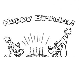 página para colorir cão e gato comemoram aniversário