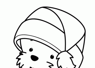 サンタ帽をかぶった塗り絵の犬