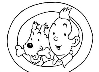 En målarbok med en hund och en figur från tecknade serien Tintins äventyr.