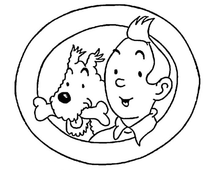 漫画「タンタンの冒険」のキャラクターと犬の塗り絵