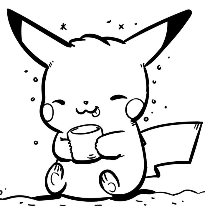 bedruckbares Malbuch Pikachu trinkt Kaffee