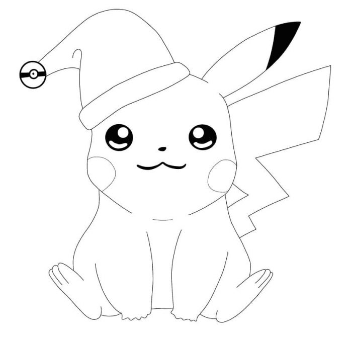 väritysarkki Pikachu yllään joulupukin hattu