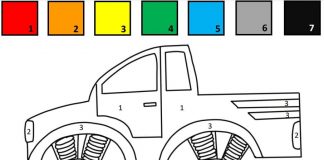 värityskirja maalaa auto monster truck -värien mukaan.