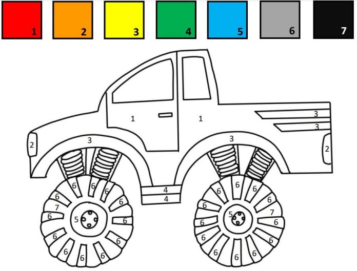 livro de coloração pintar o carro de acordo com as cores do monster truck
