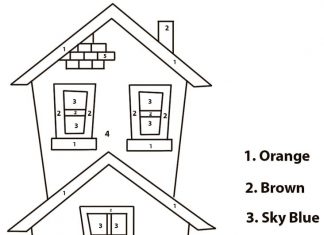 Färgbok av en tvåvåningsbyggnad enligt siffrorna.