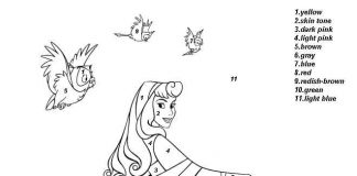 Coloring book paint by numbers girl in dress with owls