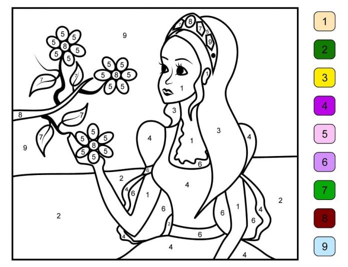 kolorowanka pomaluj według cyfr kisiężniczka z kwiatkiem