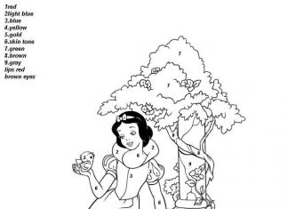 Coloring book paint by numbers Snow White's princess in a bird