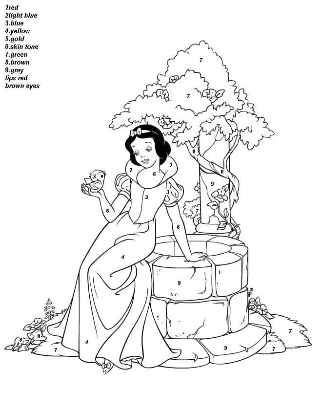 Coloring book paint by numbers Snow White's princess in a bird